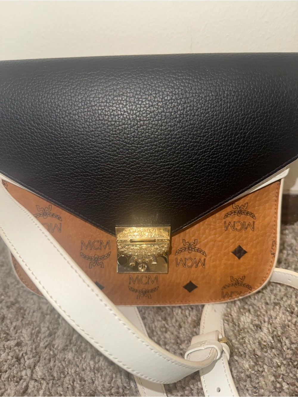 MCM Two-Tone Visetos Leather Crossbody in Black, Cognac & White